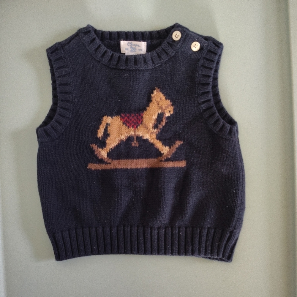 Chaps Dark Blue Cotton Knit Vintage Vest Rocking Horse Design Size 6M